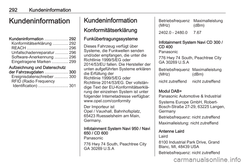 OPEL ASTRA J 2018 Betriebsanleitung (in German) 292KundeninformationKundeninformationKundeninformation....................292
Konformitätserklärung .............292
REACH .................................... 296
Unfallschadenreparatur ........... OPEL ASTRA J 2018 Betriebsanleitung (in German) 292KundeninformationKundeninformationKundeninformation....................292
Konformitätserklärung .............292
REACH .................................... 296
Unfallschadenreparatur ...........