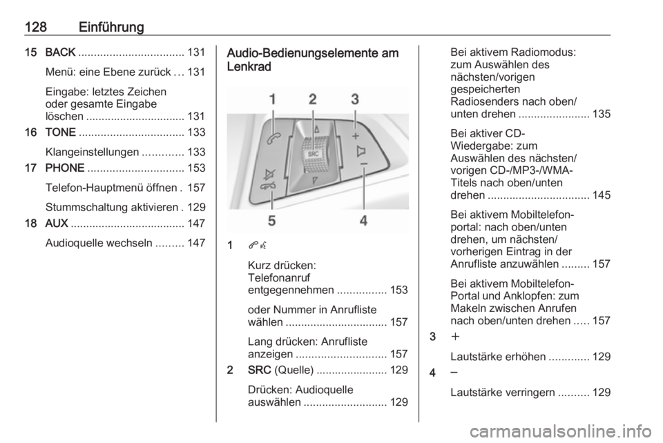 OPEL ASTRA J 2018.5 Infotainment-Handbuch (in German) 128Einführung15 BACK.................................. 131
Menü: eine Ebene zurück ...131
Eingabe: letztes Zeichen
oder gesamte Eingabe
löschen ................................ 131
16 TONE ....... OPEL ASTRA J 2018.5 Infotainment-Handbuch (in German) 128Einführung15 BACK.................................. 131
Menü: eine Ebene zurück ...131
Eingabe: letztes Zeichen
oder gesamte Eingabe
löschen ................................ 131
16 TONE .......