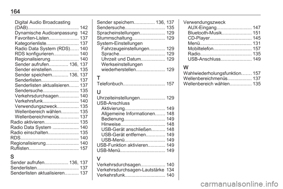 OPEL ASTRA J 2018.5 Infotainment-Handbuch (in German) 164Digital Audio Broadcasting
(DAB) ...................................... 142
Dynamische Audioanpassung 142
Favoriten-Listen ......................137
Kategorienliste ........................ 137
Rad OPEL ASTRA J 2018.5 Infotainment-Handbuch (in German) 164Digital Audio Broadcasting
(DAB) ...................................... 142
Dynamische Audioanpassung 142
Favoriten-Listen ......................137
Kategorienliste ........................ 137
Rad