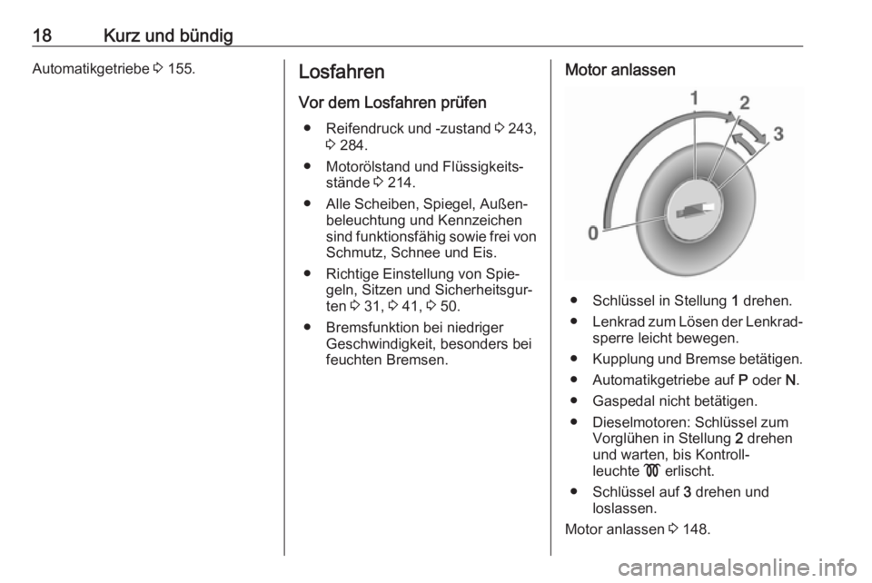 OPEL ASTRA J 2018.5  Betriebsanleitung (in German) 18Kurz und bündigAutomatikgetriebe 3 155.Losfahren
Vor dem Losfahren prüfen ● Reifendruck und -zustand  3 243,
3  284.
● Motorölstand und Flüssigkeits‐ stände  3 214.
● Alle Scheiben, Spi