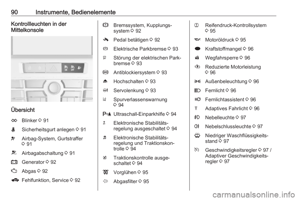 OPEL ASTRA J 2018.5  Betriebsanleitung (in German) 90Instrumente, BedienelementeKontrollleuchten in der
Mittelkonsole
Übersicht
OBlinker  3 91XSicherheitsgurt anlegen  3 91vAirbag-System, Gurtstraffer
3  91VAirbagabschaltung  3 91pGenerator  3 92ZAbg