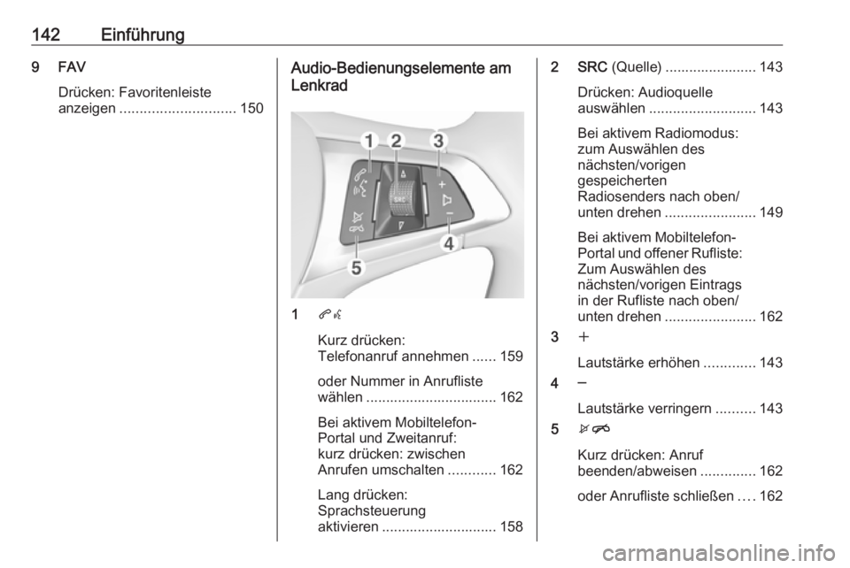OPEL ASTRA K 2016 Infotainment-Handbuch (in German) 142Einführung9 FAVDrücken: Favoritenleiste
anzeigen ............................. 150Audio-Bedienungselemente am
Lenkrad
1 qw
Kurz drücken:
Telefonanruf annehmen ......159
oder Nummer in Anrufliste OPEL ASTRA K 2016 Infotainment-Handbuch (in German) 142Einführung9 FAVDrücken: Favoritenleiste
anzeigen ............................. 150Audio-Bedienungselemente am
Lenkrad
1 qw
Kurz drücken:
Telefonanruf annehmen ......159
oder Nummer in Anrufliste