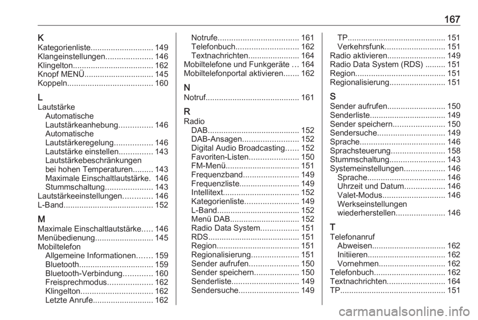 OPEL ASTRA K 2016  Infotainment-Handbuch (in German) 167KKategorienliste ............................ 149
Klangeinstellungen .....................146
Klingelton .................................... 162
Knopf MENÜ............................... 145
Kopp