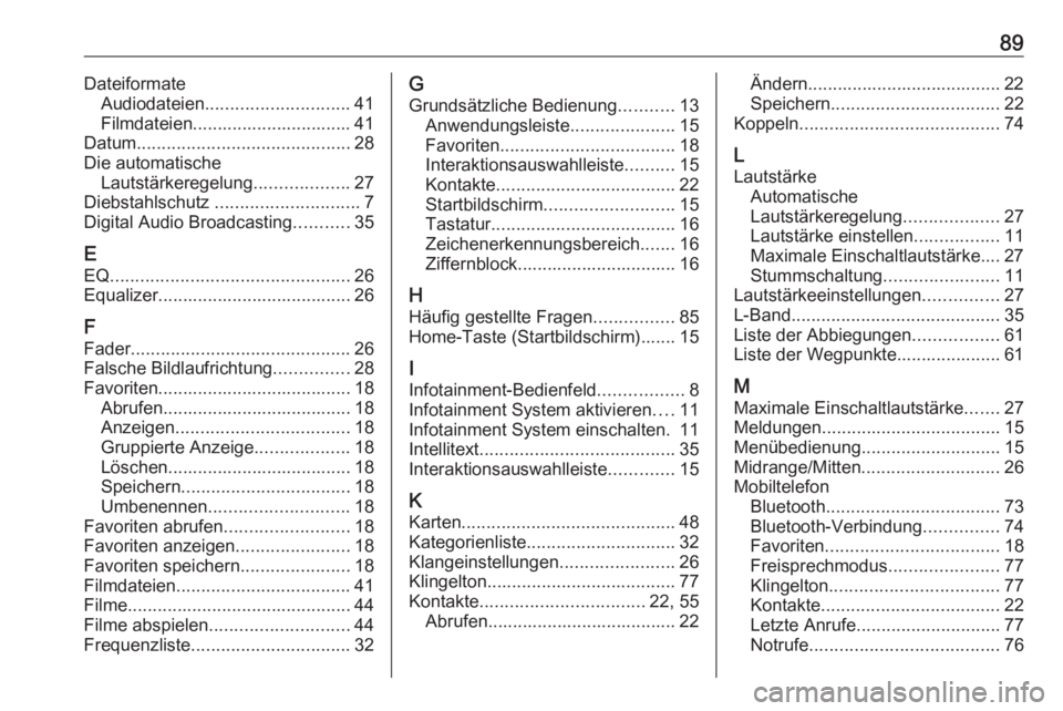 OPEL ASTRA K 2016  Infotainment-Handbuch (in German) 89DateiformateAudiodateien ............................. 41
Filmdateien................................ 41
Datum ........................................... 28
Die automatische Lautstärkeregelung ...