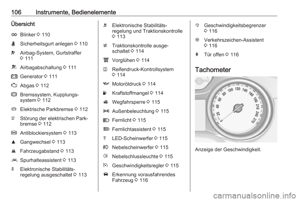 OPEL ASTRA K 2016.5  Betriebsanleitung (in German) 106Instrumente, BedienelementeÜbersichtOBlinker 3 110XSicherheitsgurt anlegen  3 110vAirbag-System, Gurtstraffer
3  111VAirbagabschaltung  3 111pGenerator  3 111ZAbgas  3 112RBremssystem, Kupplungs�