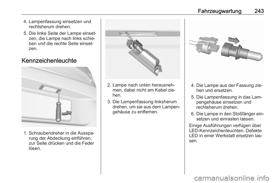 OPEL ASTRA K 2016.5  Betriebsanleitung (in German) Fahrzeugwartung2434. Lampenfassung einsetzen undrechtsherum drehen.
5. Die linke Seite der Lampe einset‐ zen, die Lampe nach links schie‐
ben und die rechte Seite einset‐
zen.
Kennzeichenleuchte