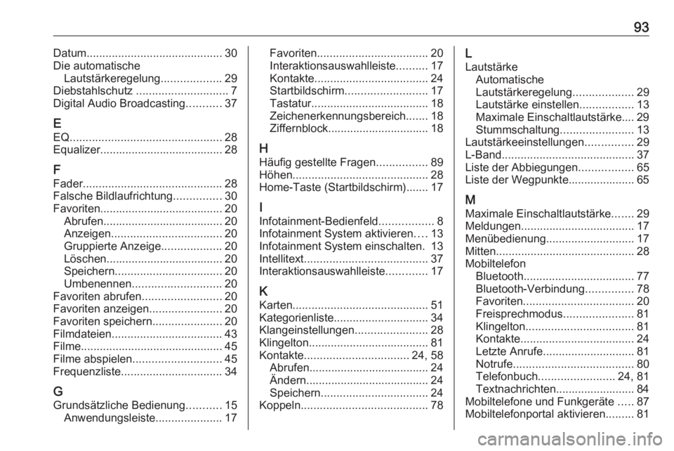 OPEL ASTRA K 2017 Infotainment-Handbuch (in German) 93Datum........................................... 30
Die automatische Lautstärkeregelung ...................29
Diebstahlschutz ............................. 7
Digital Audio Broadcasting ........... OPEL ASTRA K 2017 Infotainment-Handbuch (in German) 93Datum........................................... 30
Die automatische Lautstärkeregelung ...................29
Diebstahlschutz ............................. 7
Digital Audio Broadcasting ...........