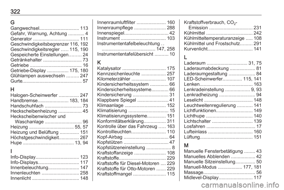 OPEL ASTRA K 2017 Betriebsanleitung (in German) 322GGangwechsel .............................. 113
Gefahr, Warnung, Achtung ............4
Generator .................................. 111
Geschwindigkeitsbegrenzer 116 , 192
Geschwindigkeitsregler OPEL ASTRA K 2017 Betriebsanleitung (in German) 322GGangwechsel .............................. 113
Gefahr, Warnung, Achtung ............4
Generator .................................. 111
Geschwindigkeitsbegrenzer 116 , 192
Geschwindigkeitsregler