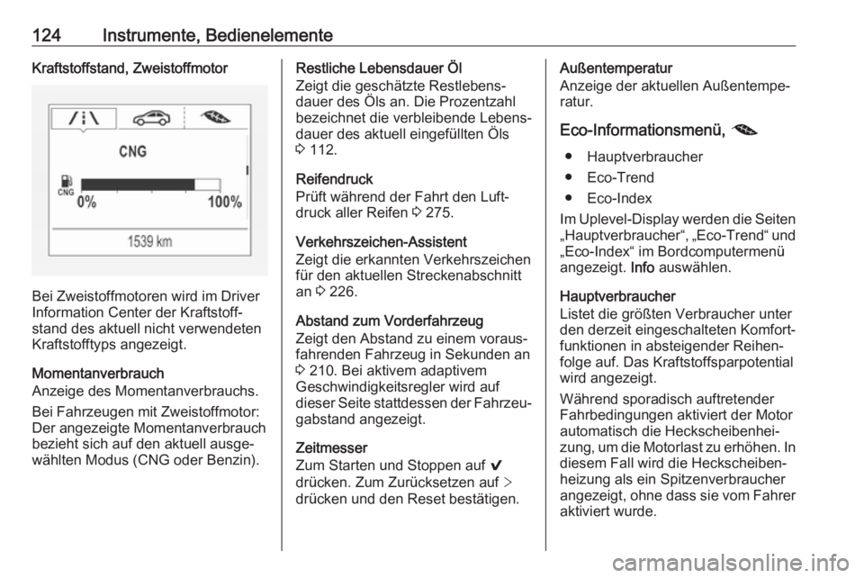 OPEL ASTRA K 2017.5  Betriebsanleitung (in German) 124Instrumente, BedienelementeKraftstoffstand, Zweistoffmotor
Bei Zweistoffmotoren wird im Driver
Information Center der Kraftstoff‐
stand des aktuell nicht verwendeten
Kraftstofftyps angezeigt.
Mom