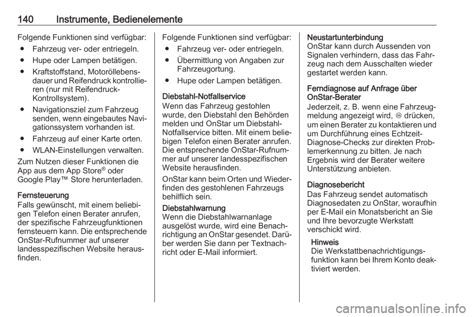 OPEL ASTRA K 2017.5  Betriebsanleitung (in German) 140Instrumente, BedienelementeFolgende Funktionen sind verfügbar:● Fahrzeug ver- oder entriegeln.
● Hupe oder Lampen betätigen. ● Kraftstoffstand, Motoröllebens‐ dauer und Reifendruck kontr