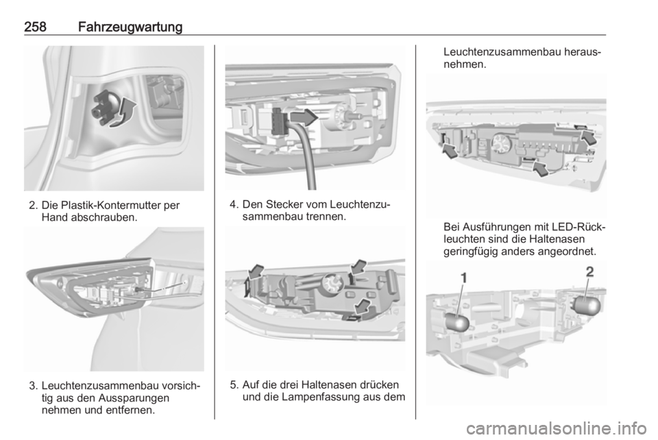 OPEL ASTRA K 2017.5  Betriebsanleitung (in German) 258Fahrzeugwartung
2. Die Plastik-Kontermutter perHand abschrauben.
3. Leuchtenzusammenbau vorsich‐ tig aus den Aussparungen
nehmen und entfernen.
4. Den Stecker vom Leuchtenzu‐ sammenbau trennen.