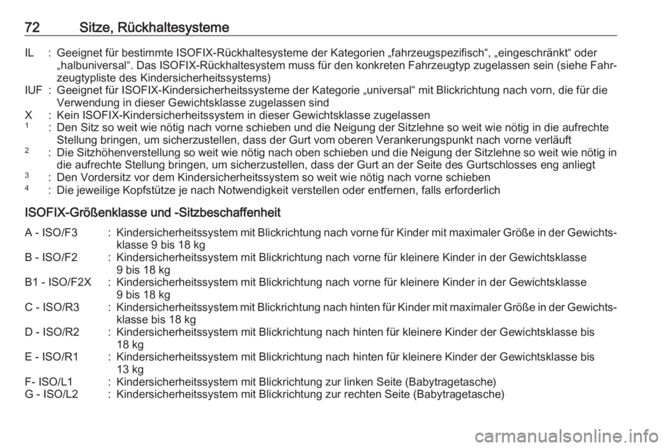 OPEL ASTRA K 2017.5  Betriebsanleitung (in German) 72Sitze, RückhaltesystemeIL:Geeignet für bestimmte ISOFIX-Rückhaltesysteme der Kategorien „fahrzeugspezifisch“, „eingeschränkt“ oder
„halbuniversal“. Das ISOFIX-Rückhaltesystem muss f
