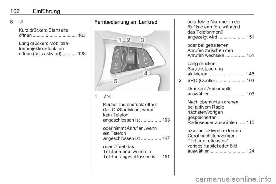 OPEL ASTRA K 2018.5 Infotainment-Handbuch (in German) 102Einführung8;
Kurz drücken: Startseite
öffnen .................................. 103
Lang drücken: Mobiltele‐
fonprojektionsfunktion
öffnen (falls aktiviert) ...........128Fernbedienung am Le OPEL ASTRA K 2018.5 Infotainment-Handbuch (in German) 102Einführung8;
Kurz drücken: Startseite
öffnen .................................. 103
Lang drücken: Mobiltele‐
fonprojektionsfunktion
öffnen (falls aktiviert) ...........128Fernbedienung am Le