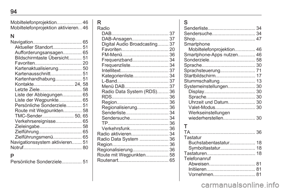 OPEL ASTRA K 2018.5  Infotainment-Handbuch (in German) 94Mobiltelefonprojektion..................46
Mobiltelefonprojektion aktivieren ..46
N Navigation..................................... 65 Aktueller Standort...................... 51
Aufforderungsansage