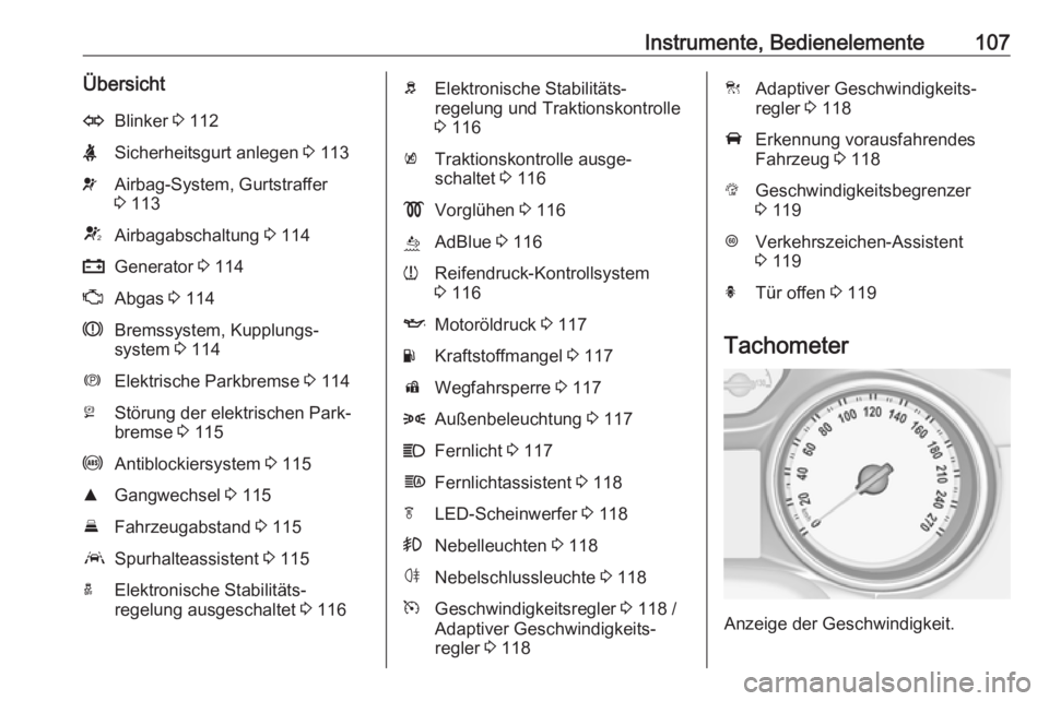 OPEL ASTRA K 2018.5  Betriebsanleitung (in German) Instrumente, Bedienelemente107ÜbersichtOBlinker 3 112XSicherheitsgurt anlegen  3 113vAirbag-System, Gurtstraffer
3  113VAirbagabschaltung  3 114pGenerator  3 114ZAbgas  3 114RBremssystem, Kupplungs