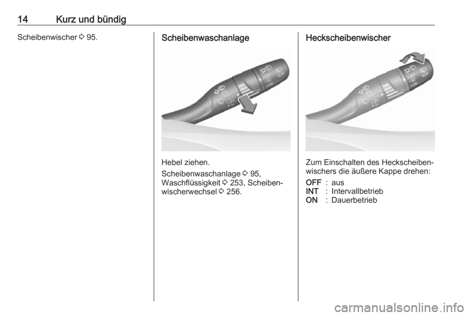 OPEL ASTRA K 2018.75  Betriebsanleitung (in German) 14Kurz und bündigScheibenwischer 3 95.Scheibenwaschanlage
Hebel ziehen.
Scheibenwaschanlage  3 95,
Waschflüssigkeit  3 253, Scheiben‐
wischerwechsel  3 256.
Heckscheibenwischer
Zum Einschalten des