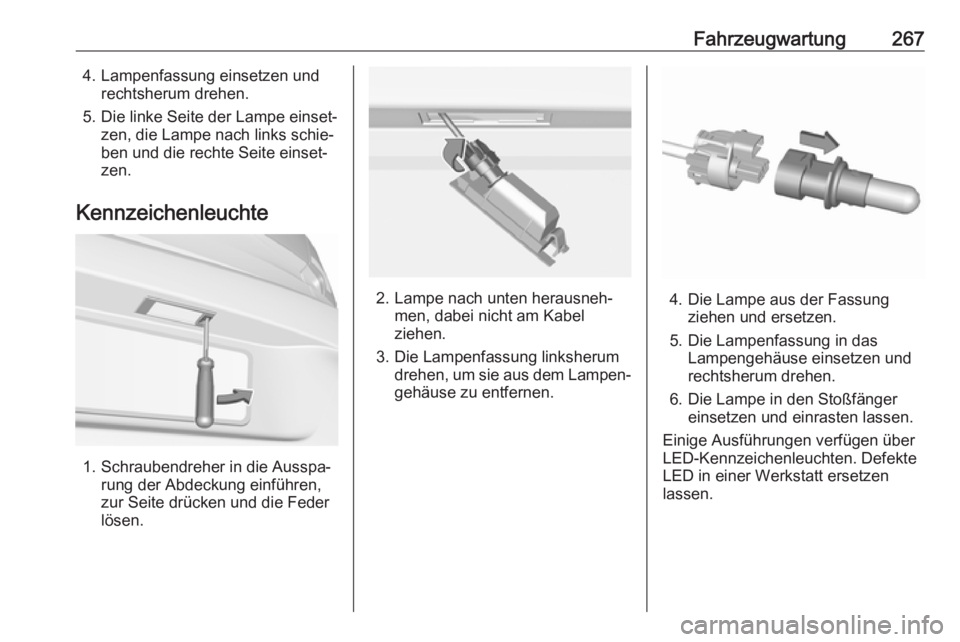 OPEL ASTRA K 2018.75  Betriebsanleitung (in German) Fahrzeugwartung2674. Lampenfassung einsetzen undrechtsherum drehen.
5. Die linke Seite der Lampe einset‐ zen, die Lampe nach links schie‐
ben und die rechte Seite einset‐
zen.
Kennzeichenleuchte