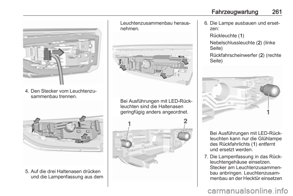 OPEL ASTRA K 2019  Betriebsanleitung (in German) Fahrzeugwartung261
4. Den Stecker vom Leuchtenzu‐sammenbau trennen.
5. Auf die drei Haltenasen drückenund die Lampenfassung aus dem
Leuchtenzusammenbau heraus‐
nehmen.
Bei Ausführungen mit LED-R