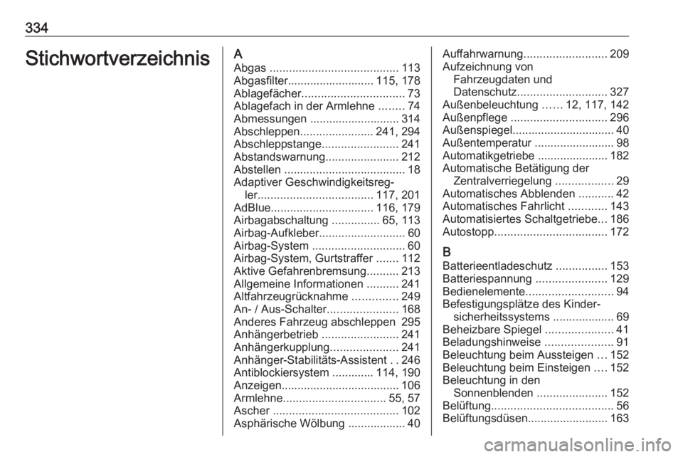 OPEL ASTRA K 2019 Betriebsanleitung (in German) 334StichwortverzeichnisAAbgas ........................................ 113
Abgasfilter........................... 115, 178
Ablagefächer ................................ 73
Ablagefach in der Armlehne OPEL ASTRA K 2019 Betriebsanleitung (in German) 334StichwortverzeichnisAAbgas ........................................ 113
Abgasfilter........................... 115, 178
Ablagefächer ................................ 73
Ablagefach in der Armlehne