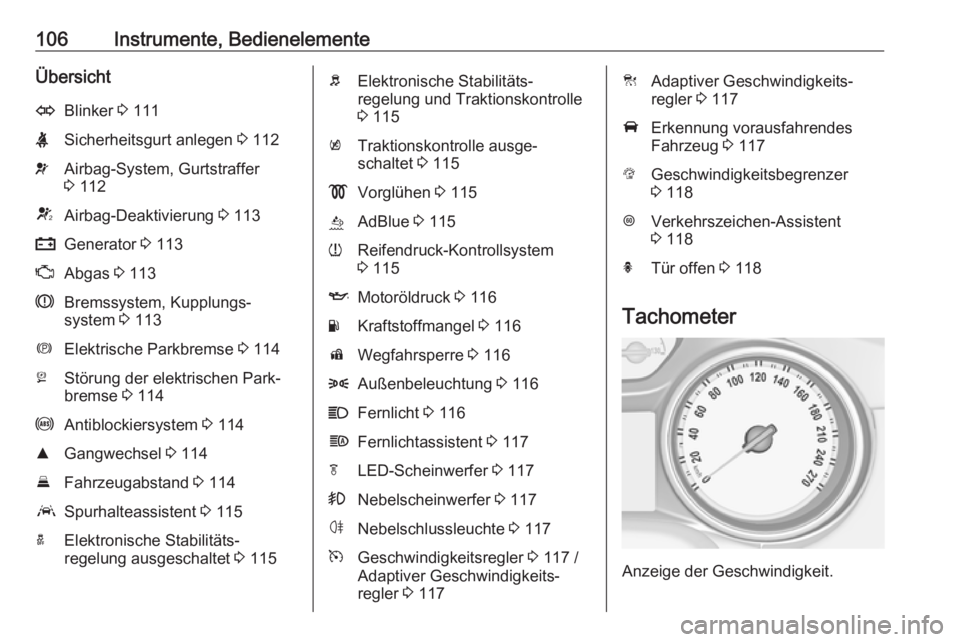 OPEL ASTRA K 2019.5  Betriebsanleitung (in German) 106Instrumente, BedienelementeÜbersichtOBlinker 3 111XSicherheitsgurt anlegen  3 112vAirbag-System, Gurtstraffer
3  112VAirbag-Deaktivierung  3 113pGenerator  3 113ZAbgas  3 113RBremssystem, Kupplung