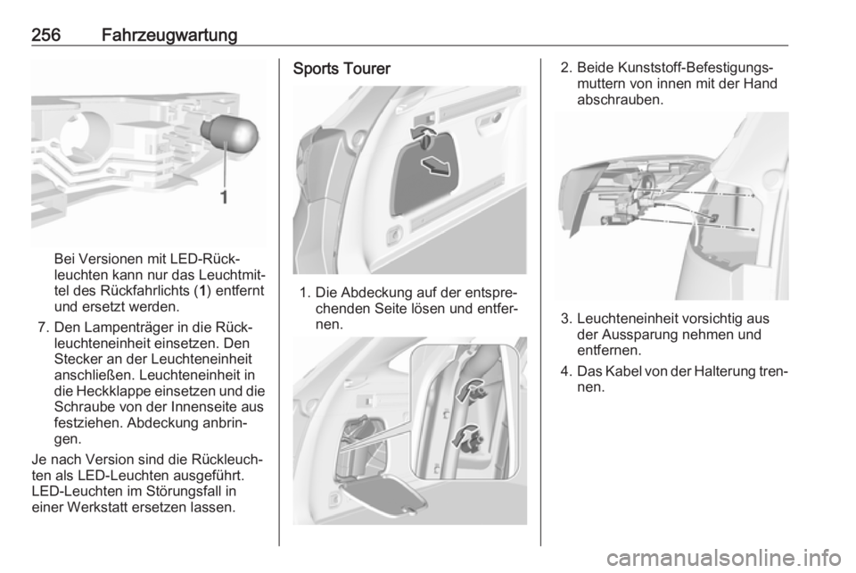 OPEL ASTRA K 2019.5  Betriebsanleitung (in German) 256Fahrzeugwartung
Bei Versionen mit LED-Rück‐
leuchten kann nur das Leuchtmit‐
tel des Rückfahrlichts ( 1) entfernt
und ersetzt werden.
7. Den Lampenträger in die Rück‐ leuchteneinheit eins