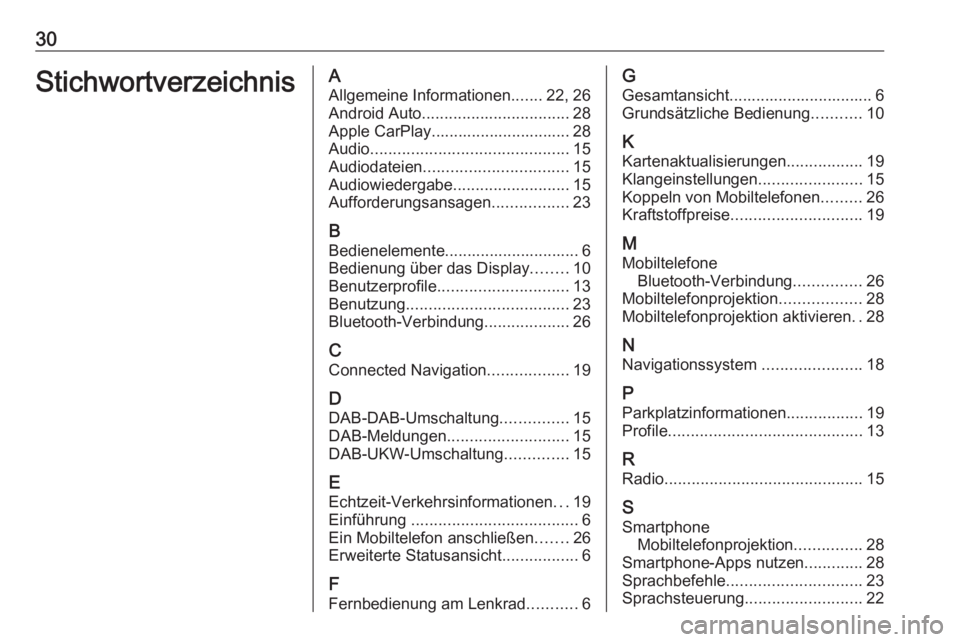 OPEL ASTRA K 2020  Infotainment-Handbuch (in German) 30StichwortverzeichnisAAllgemeine Informationen .......22, 26
Android Auto ................................. 28
Apple CarPlay............................... 28
Audio ..................................