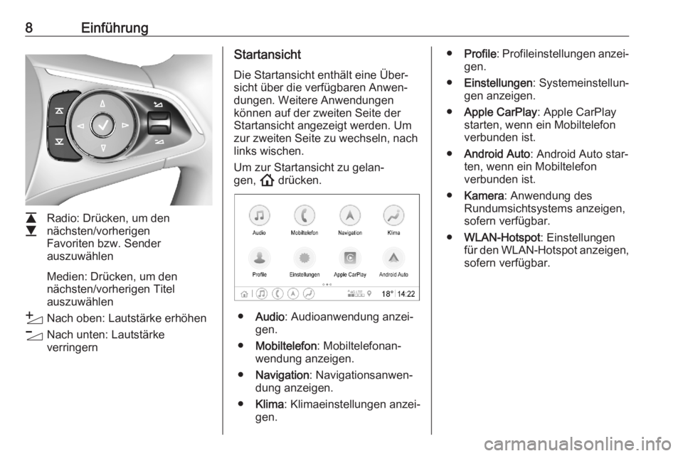 OPEL ASTRA K 2020  Infotainment-Handbuch (in German) 8Einführung
L
M Radio: Drücken, um den
nächsten/vorherigen
Favoriten bzw. Sender
auszuwählen
Medien: Drücken, um den
nächsten/vorherigen Titel
auszuwählen
Y Nach oben: Lautstärke erhöhen
Z Na