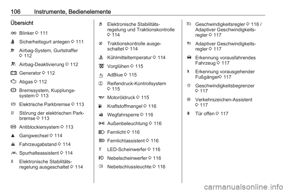 OPEL ASTRA K 2020  Betriebsanleitung (in German) 106Instrumente, BedienelementeÜbersichtOBlinker 3 111XSicherheitsgurt anlegen  3 111vAirbag-System, Gurtstraffer
3  112VAirbag-Deaktivierung  3 112pGenerator  3 112ZAbgas  3 112RBremssystem, Kupplung