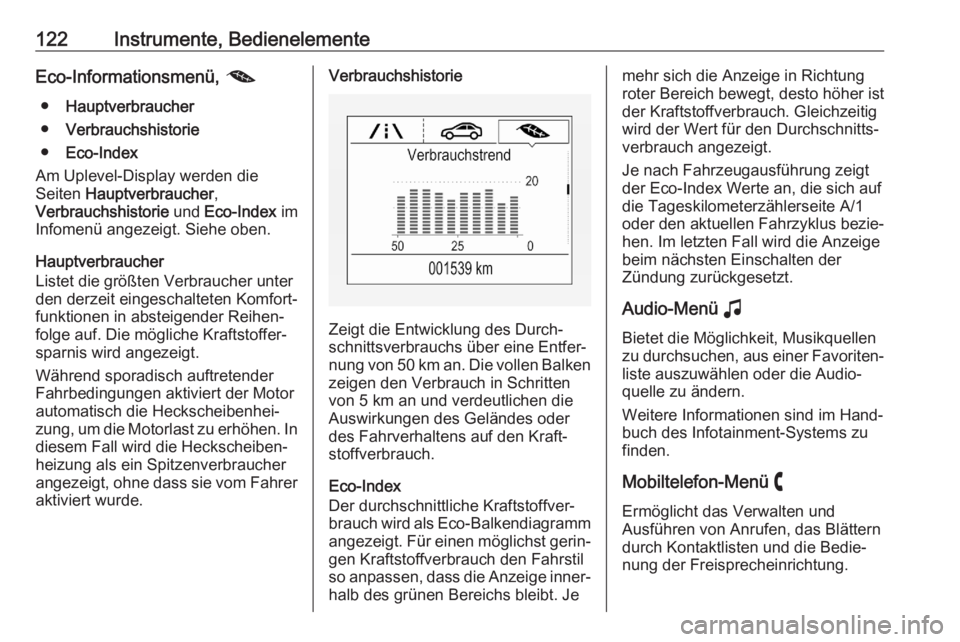 OPEL ASTRA K 2020  Betriebsanleitung (in German) 122Instrumente, BedienelementeEco-Informationsmenü, @
● Hauptverbraucher
● Verbrauchshistorie
● Eco-Index
Am Uplevel-Display werden die
Seiten  Hauptverbraucher ,
Verbrauchshistorie  und Eco-In