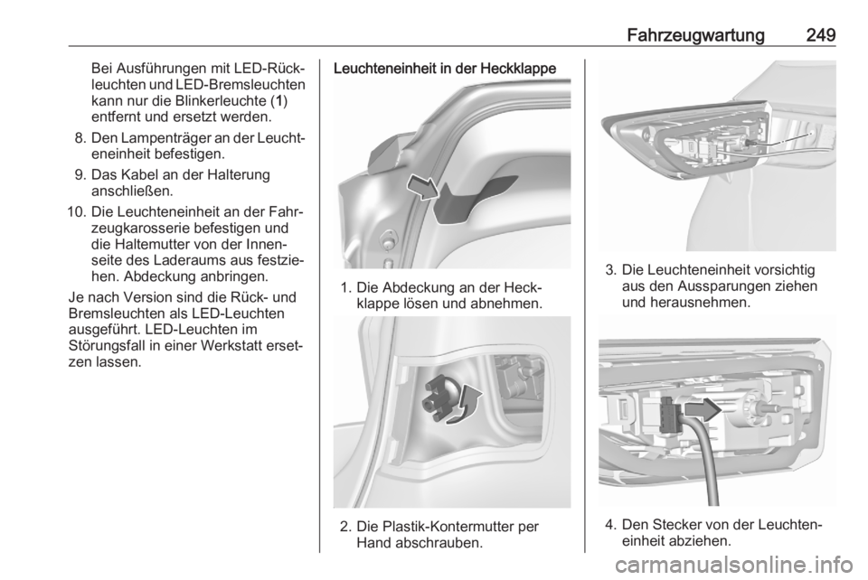 OPEL ASTRA K 2020  Betriebsanleitung (in German) Fahrzeugwartung249Bei Ausführungen mit LED-Rück‐
leuchten und LED-Bremsleuchten
kann nur die Blinkerleuchte ( 1)
entfernt und ersetzt werden.
8. Den Lampenträger an der Leucht‐
eneinheit befest