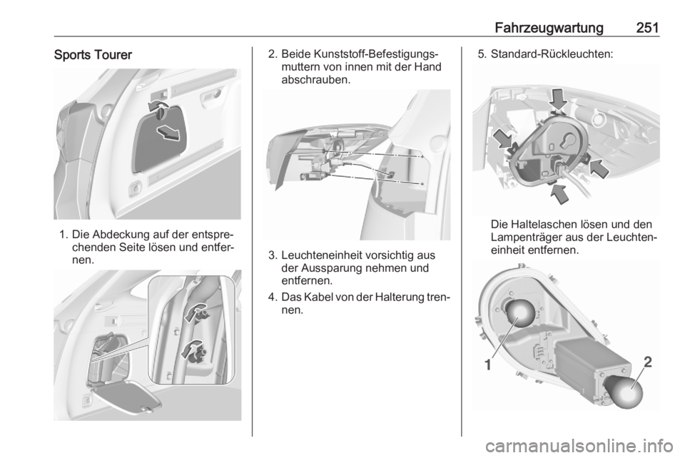 OPEL ASTRA K 2020  Betriebsanleitung (in German) Fahrzeugwartung251Sports Tourer
1. Die Abdeckung auf der entspre‐chenden Seite lösen und entfer‐
nen.
2. Beide Kunststoff-Befestigungs‐ muttern von innen mit der Hand
abschrauben.
3. Leuchtenei