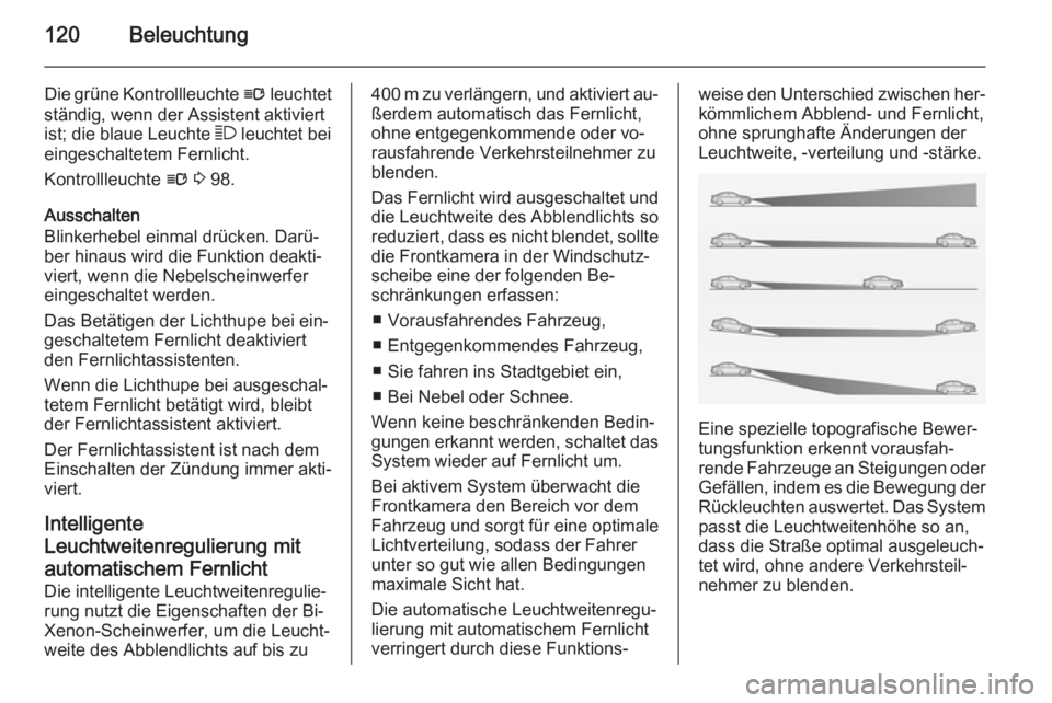 OPEL CASCADA 2014.5 Betriebsanleitung (in German) 120Beleuchtung
Die grüne Kontrollleuchte l leuchtet
ständig, wenn der Assistent aktiviert
ist; die blaue Leuchte 7 leuchtet bei
eingeschaltetem Fernlicht.
Kontrollleuchte l 3 98.
Ausschalten
Blin OPEL CASCADA 2014.5 Betriebsanleitung (in German) 120Beleuchtung
Die grüne Kontrollleuchte l leuchtet
ständig, wenn der Assistent aktiviert
ist; die blaue Leuchte 7 leuchtet bei
eingeschaltetem Fernlicht.
Kontrollleuchte l 3 98.
Ausschalten
Blin