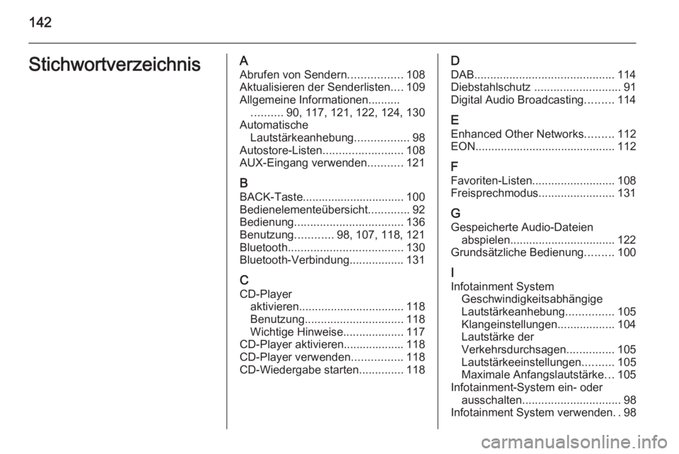 OPEL CASCADA 2015  Infotainment-Handbuch (in German) 142StichwortverzeichnisAAbrufen von Sendern .................108
Aktualisieren der Senderlisten ....109
Allgemeine Informationen.......... .......... 90, 117, 121, 122, 124, 130
Automatische Lautstär