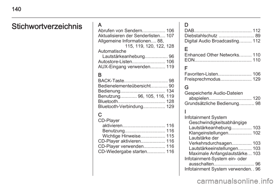 OPEL CASCADA 2015.5 Infotainment-Handbuch (in German) 140StichwortverzeichnisAAbrufen von Sendern .................106
Aktualisieren der Senderlisten ....107
Allgemeine Informationen ....88,
115, 119, 120, 122, 128
Automatische Lautstärkeanhebung ...... OPEL CASCADA 2015.5 Infotainment-Handbuch (in German) 140StichwortverzeichnisAAbrufen von Sendern .................106
Aktualisieren der Senderlisten ....107
Allgemeine Informationen ....88,
115, 119, 120, 122, 128
Automatische Lautstärkeanhebung ......