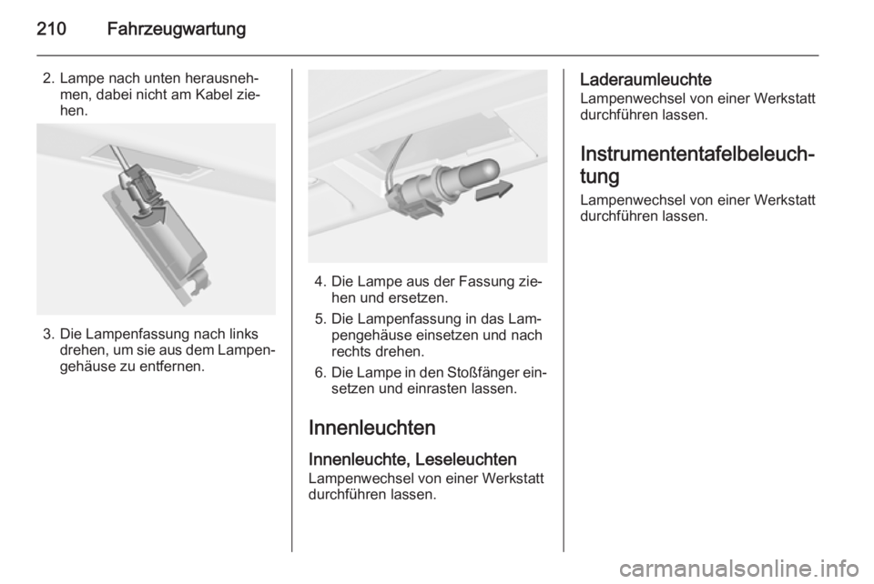 OPEL CASCADA 2015.5  Betriebsanleitung (in German) 210Fahrzeugwartung
2. Lampe nach unten herausneh‐men, dabei nicht am Kabel zie‐
hen.
3. Die Lampenfassung nach links drehen, um sie aus dem Lampen‐
gehäuse zu entfernen.
4. Die Lampe aus der Fa