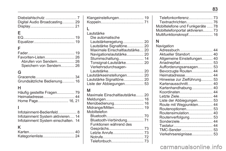 OPEL CASCADA 2016  Infotainment-Handbuch (in German) 83Diebstahlschutz ............................. 7
Digital Audio Broadcasting ...........29
Display .......................................... 21
E EQ ................................................ 1