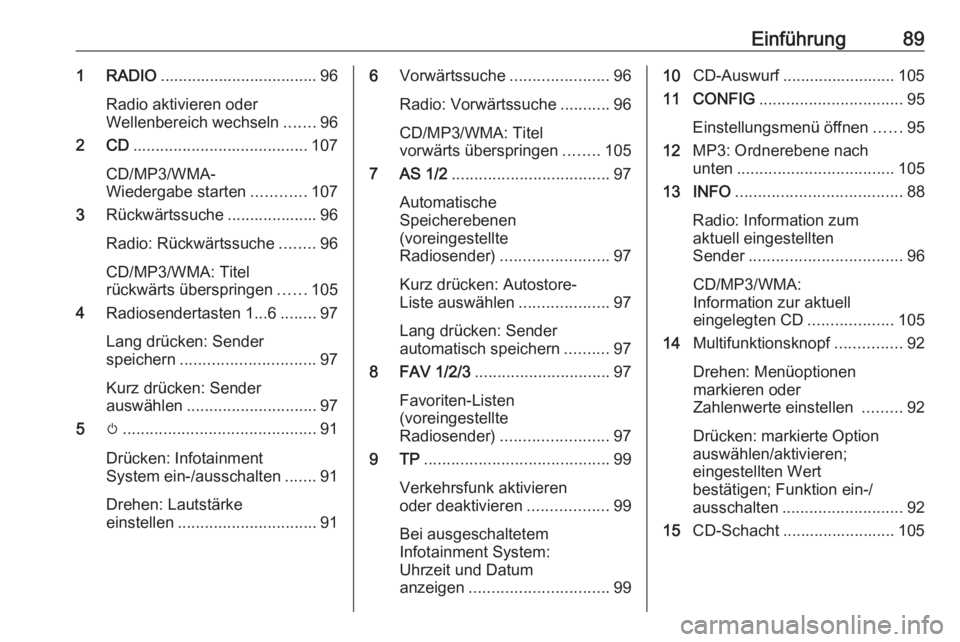OPEL CASCADA 2016.5 Infotainment-Handbuch (in German) Einführung891 RADIO................................... 96
Radio aktivieren oder
Wellenbereich wechseln .......96
2 CD ....................................... 107
CD/MP3/WMA-
Wiedergabe starten ...... OPEL CASCADA 2016.5 Infotainment-Handbuch (in German) Einführung891 RADIO................................... 96
Radio aktivieren oder
Wellenbereich wechseln .......96
2 CD ....................................... 107
CD/MP3/WMA-
Wiedergabe starten ......