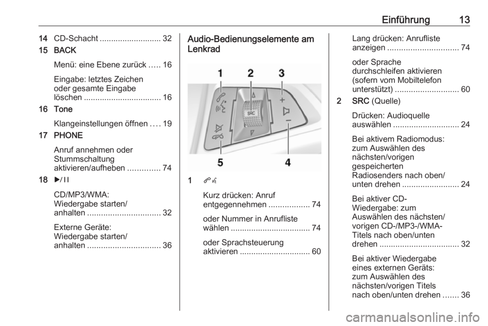 OPEL CASCADA 2017  Infotainment-Handbuch (in German) Einführung1314CD-Schacht ........................... 32
15 BACK
Menü: eine Ebene zurück .....16
Eingabe: letztes Zeichen
oder gesamte Eingabe
löschen .................................. 16
16 Tone

