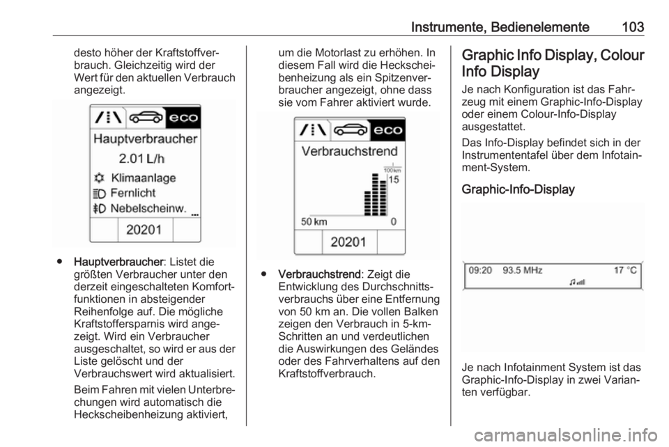 OPEL CASCADA 2017  Betriebsanleitung (in German) Instrumente, Bedienelemente103desto höher der Kraftstoffver‐
brauch. Gleichzeitig wird der
Wert für den aktuellen Verbrauch
angezeigt.
● Hauptverbraucher : Listet die
größten Verbraucher unter