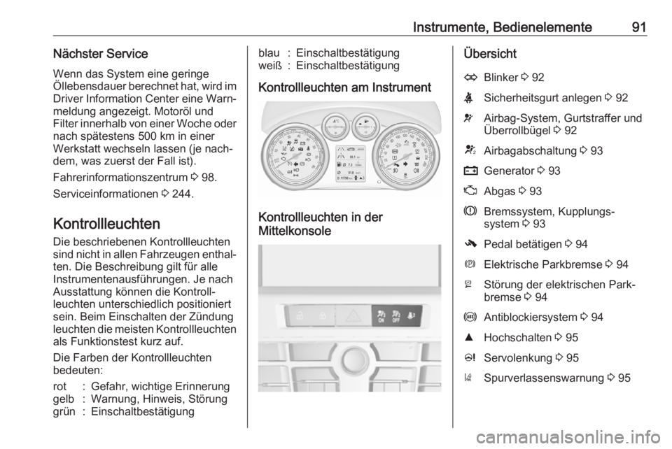 OPEL CASCADA 2017  Betriebsanleitung (in German) Instrumente, Bedienelemente91Nächster Service
Wenn das System eine geringe
Öllebensdauer berechnet hat, wird im Driver Information Center eine Warn‐
meldung angezeigt. Motoröl und
Filter innerhal