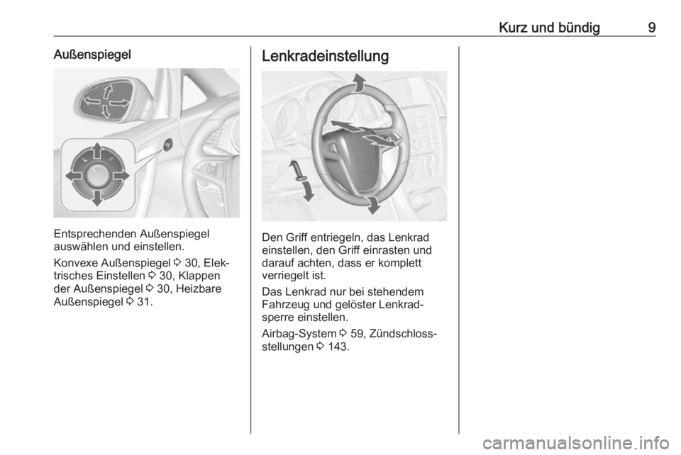 OPEL CASCADA 2017.5  Betriebsanleitung (in German) Kurz und bündig9Außenspiegel
Entsprechenden Außenspiegel
auswählen und einstellen.
Konvexe Außenspiegel  3 30, Elek‐
trisches Einstellen  3 30, Klappen
der Außenspiegel  3 30, Heizbare
Außens