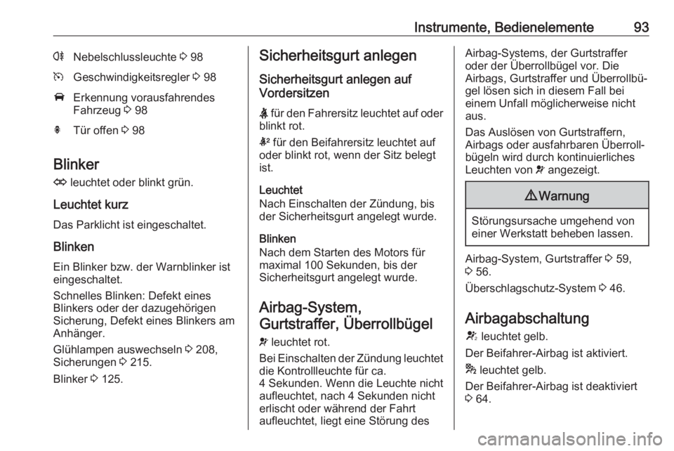 OPEL CASCADA 2017.5  Betriebsanleitung (in German) Instrumente, Bedienelemente93rNebelschlussleuchte 3 98mGeschwindigkeitsregler  3 98AErkennung vorausfahrendes
Fahrzeug  3 98hTür offen  3 98
Blinker
O  leuchtet oder blinkt grün.
Leuchtet kurz
Das P