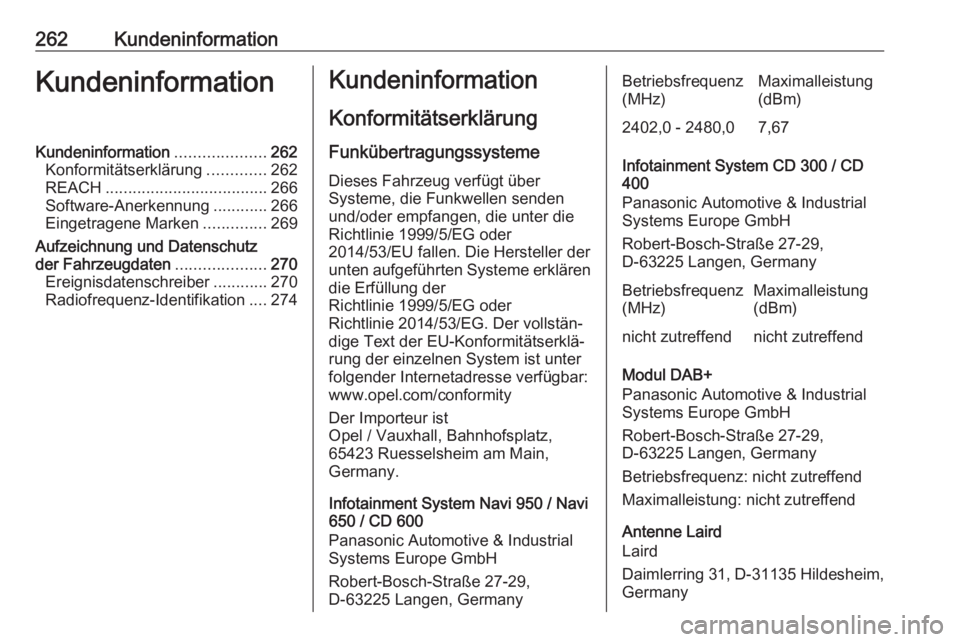 OPEL CASCADA 2018.5  Betriebsanleitung (in German) 262KundeninformationKundeninformationKundeninformation....................262
Konformitätserklärung .............262
REACH .................................... 266
Software-Anerkennung ............2
