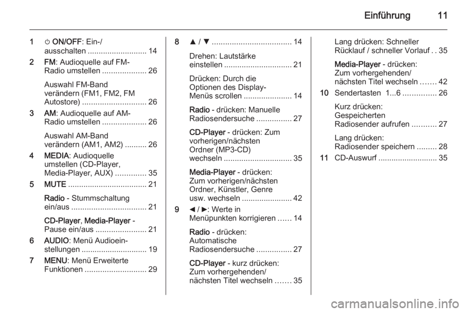 OPEL COMBO 2014  Infotainment-Handbuch (in German) Einführung11
1m ON/OFF : Ein-/
ausschalten ........................... 14
2 FM : Audioquelle auf FM-
Radio umstellen ....................26
Auswahl FM-Band
verändern (FM1, FM2, FM Autostore) .......