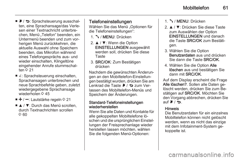 OPEL COMBO 2015 Infotainment-Handbuch (in German) Mobiltelefon61
■Ã / q : Sprachsteuerung ausschal‐
ten, eine Sprachansage/das Verle‐
sen einer Textnachricht unterbre‐
chen, Menü „Telefon“ beenden, ein Untermenü beenden und zum vor‐
OPEL COMBO 2015 Infotainment-Handbuch (in German) Mobiltelefon61
■Ã / q : Sprachsteuerung ausschal‐
ten, eine Sprachansage/das Verle‐
sen einer Textnachricht unterbre‐
chen, Menü „Telefon“ beenden, ein Untermenü beenden und zum vor‐