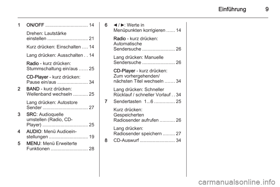OPEL COMBO 2015  Infotainment-Handbuch (in German) Einführung9
1 ON/OFF................................ 14
Drehen: Lautstärke
einstellen ............................... 21
Kurz drücken: Einschalten ....14
Lang drücken: Ausschalten ..14
Radio  - ku