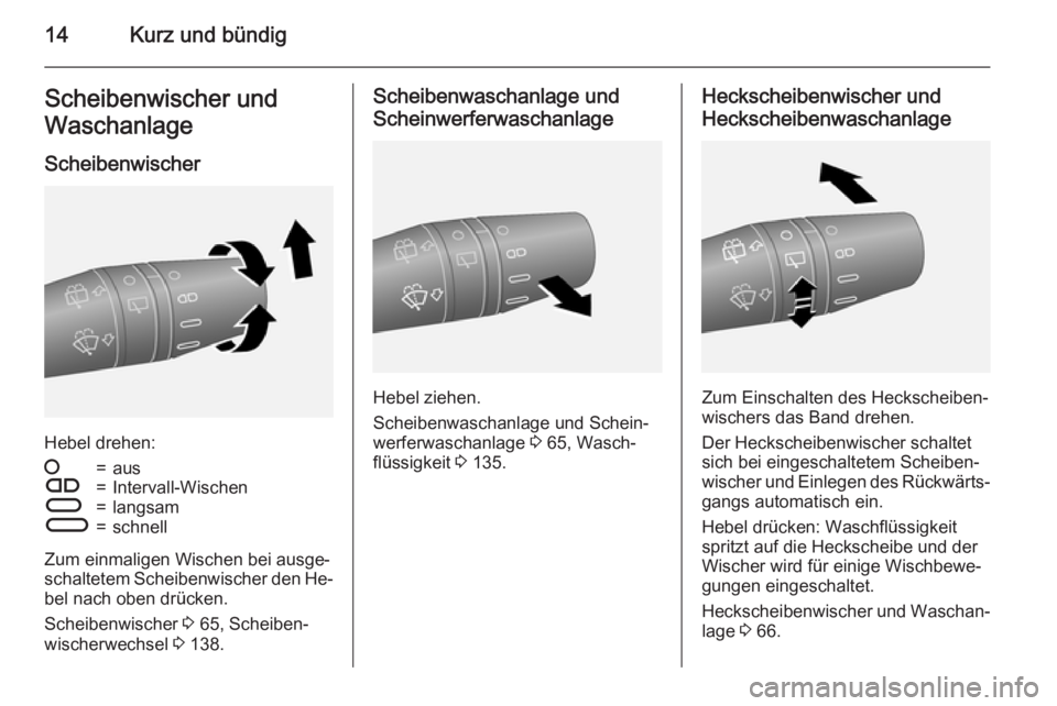 OPEL COMBO 2015  Betriebsanleitung (in German) 14Kurz und bündigScheibenwischer und
Waschanlage
Scheibenwischer
Hebel drehen:
§=ausÇ=Intervall-WischenÈ=langsamÉ=schnell
Zum einmaligen Wischen bei ausge‐
schaltetem Scheibenwischer den He‐
