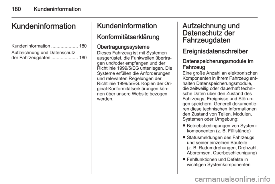 OPEL COMBO 2015 Betriebsanleitung (in German) 180KundeninformationKundeninformationKundeninformation....................180
Aufzeichnung und Datenschutz
der Fahrzeugdaten ....................180Kundeninformation
KonformitätserklärungÜbertragun OPEL COMBO 2015 Betriebsanleitung (in German) 180KundeninformationKundeninformationKundeninformation....................180
Aufzeichnung und Datenschutz
der Fahrzeugdaten ....................180Kundeninformation
KonformitätserklärungÜbertragun