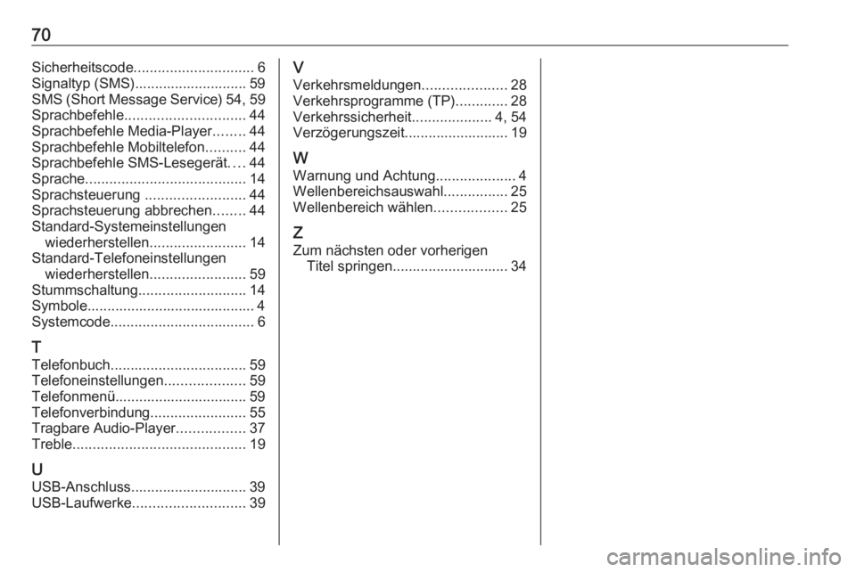 OPEL COMBO 2016  Infotainment-Handbuch (in German) 70Sicherheitscode.............................. 6
Signaltyp (SMS)............................ 59
SMS (Short Message Service) 54, 59
Sprachbefehle .............................. 44
Sprachbefehle Media- OPEL COMBO 2016  Infotainment-Handbuch (in German) 70Sicherheitscode.............................. 6
Signaltyp (SMS)............................ 59
SMS (Short Message Service) 54, 59
Sprachbefehle .............................. 44
Sprachbefehle Media-