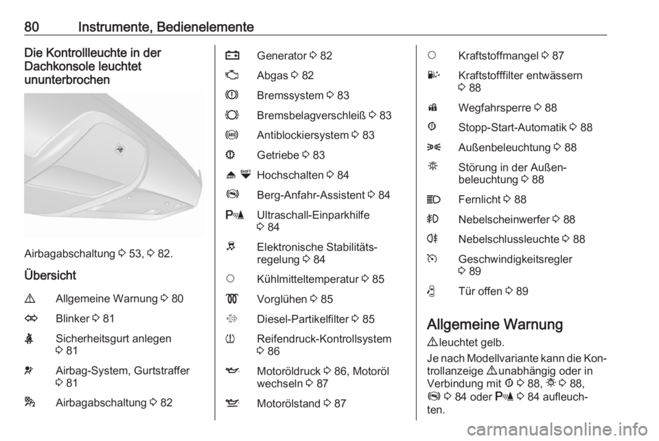 OPEL COMBO 2016  Betriebsanleitung (in German) 80Instrumente, BedienelementeDie Kontrollleuchte in der
Dachkonsole leuchtet
ununterbrochen
Airbagabschaltung  3 53,  3 82.
Übersicht
9Allgemeine Warnung  3 80OBlinker  3 81XSicherheitsgurt anlegen
3
